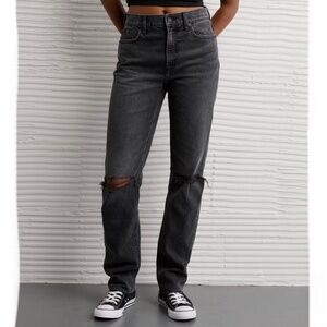 American Eagle Black Super High Waisted Stretch Straight Denim Jeans Size 2R